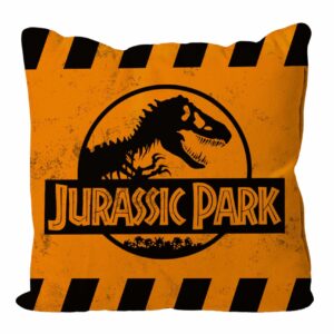 Cojin cuadrado caution logo naranja jurassic park envasado vacio